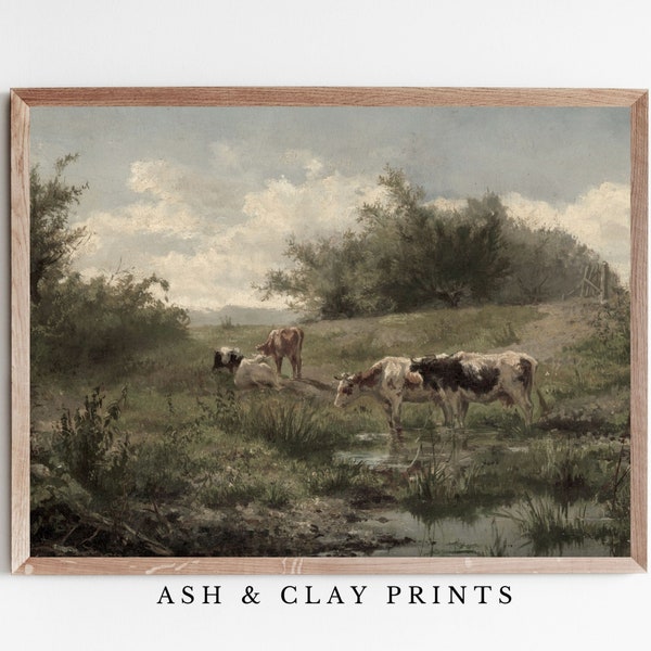 Landscape with Grazing Cattle Painting | Country Farmhouse Cow Art | Vintage Farm Art | PRINTABLE Digital Art | 364