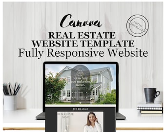 May include: A laptop computer displaying a website template for a real estate company. The website features a photo of a house and the text "Let us help you make the move." The website is designed to be fully responsive, meaning it will adjust to different screen sizes.