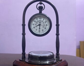 Maritime Brass Antique Engraved Desk Clock With Compass Home Decor Nautical Watch