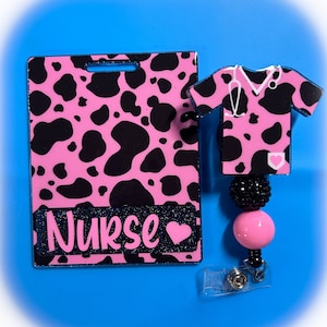Pink and Black Cow Print Badge Reel and Badge Buddy Set
