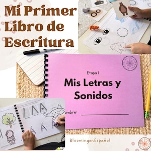 Könnte beinhalten: Ein rosa Spiralbuch mit dem Titel "Mis Letras y Sonidos" mit dem Text "Mi Primer Libro de Escritura". Das Arbeitsbuch ist auf einer Seite mit Buchstabenübungen und Illustrationen geöffnet. Weitere Lernmaterialien sind ebenfalls sichtbar.