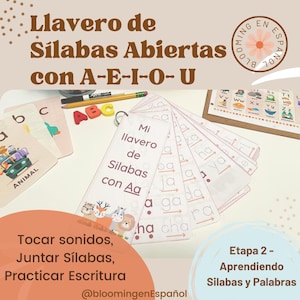 以下が含まれることがあります： スペイン語のシラブルを学ぶためのカラフルな教育用フラッシュカードセット。カードには、動物や車など、さまざまなイラストが描かれています。カードには、「Mi llavero de silabas con Aa」と「Etapa 2 - Aprendiendo silabas y palabras」というテキストが書かれています。