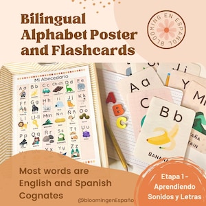 Spanish Alphabet Poster, Spanish and English Cognate Words, Bilingual Homeschool, Español, Preschool Curriculum, Flashcards