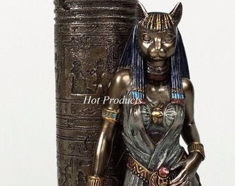 Egyptian Cat Goddess Bastet Candle Holder Statue Sculpture Antique Bronze Finish