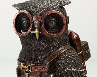 6" STEAMPUNK OWL Bird Goggles Jet pack Gear Stand Statue Figurine Bronze Color