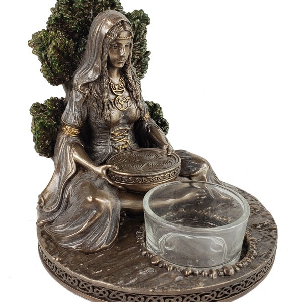 5" Celtic Mother Goddess Danu Sitting Votive Candle Holder Statue Bronze Color