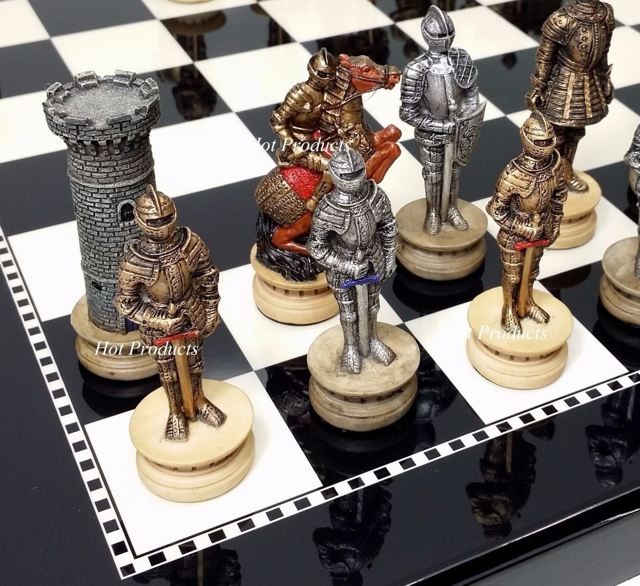 King Arthur KNIGHTS DRAGON Medieval Times Chess Set W 17 Mosaic Color Board