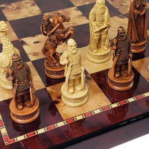 Antique White & Brown Norse Viking CHESS SET with 18" Cherry Color Board