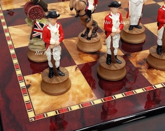 US REVOLUTIONARY WAR Chess Set W 18" Cherry Color Board American Revolution