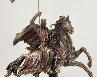11 1/2" x 16" Medieval Times Templar Knight on Horse w/ Flag Statue Bronze Color