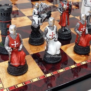 Medieval Times Crusades WARRIOR Red & White Chess Set W/ 18" CHERRY COLOR Board