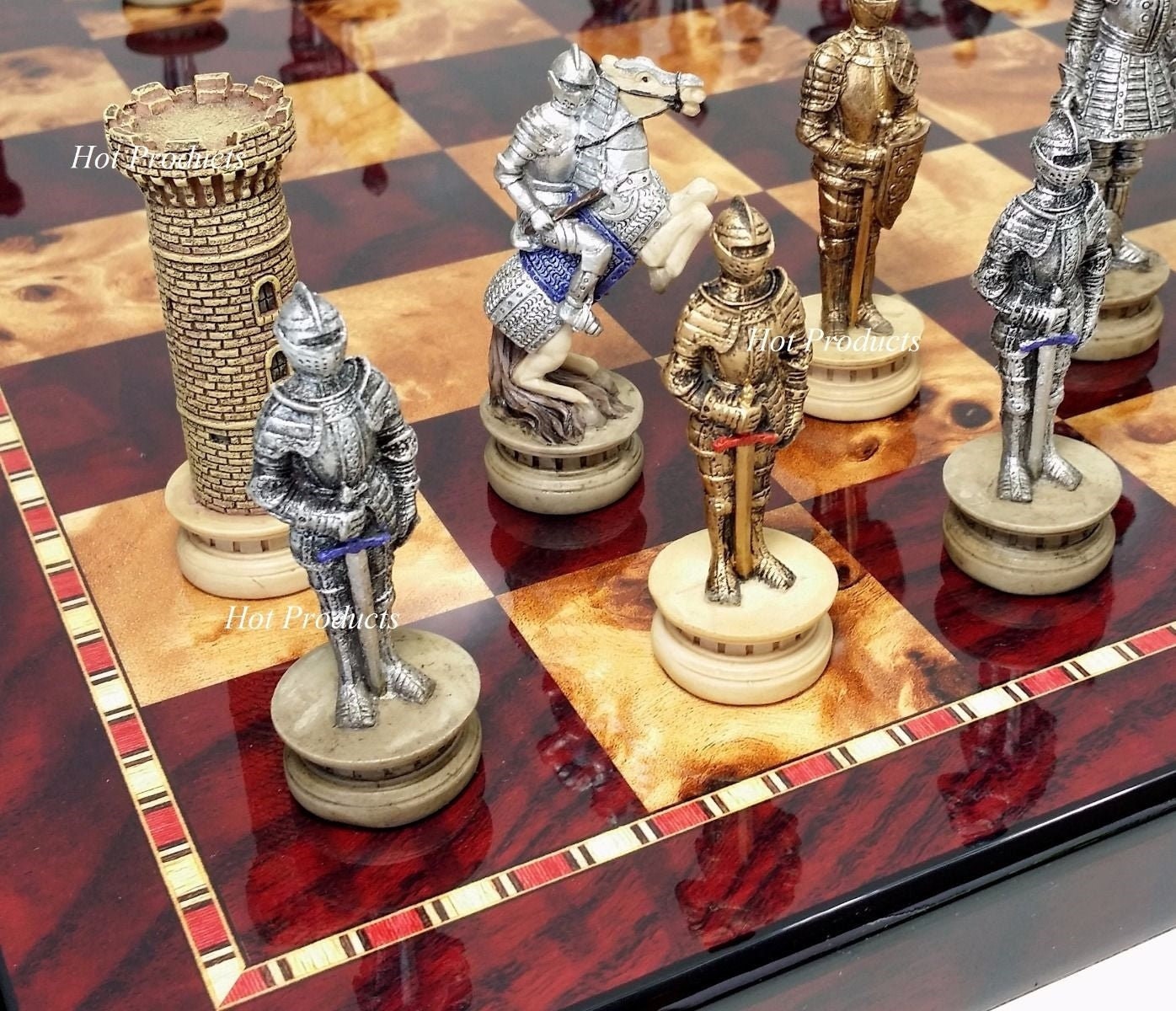 Medieval Times Crusades Pewter METAL Chess Set 16 Black & Red Faux Marble  Board