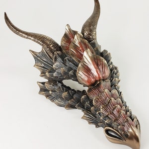 12 1/2" Medieval Dragon Head Mask Wall Hanging Plaque Statue Bronze Red Color