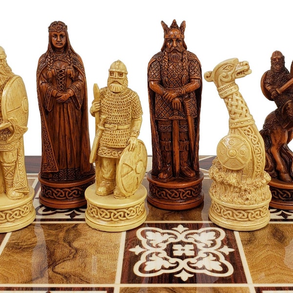 Antique White & Brown Norse Viking Chess Men Set 3 1/4" King - NO BOARD