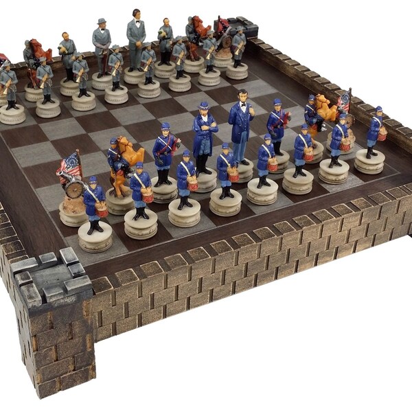 American US Civil War Generals Painted Chess Set W/ 17" Fortress Castle Board