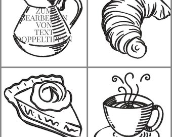 Stickdatei Design Kaffee und Kuchen Set 4  x Stickdateien Kaffeetasse, Kuchen, Kaffeekanne, Croissant 10 x 10 cm ( 4“x 4“)