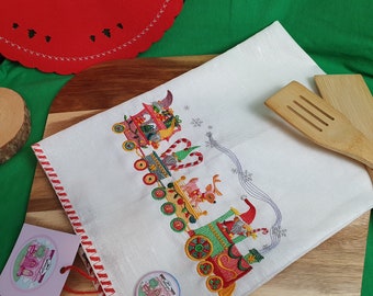 Gnome with festive chu chu train, tea towels, kitchen towel, present, vintage look embroidered and red embroidered edge