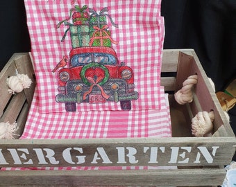 Geschirrhandtücher, Besticktes  Küchenhandtuch, Fahrrad, Truck  mit Geschenke Design, Rosa Karo,  Rot  Präsent, Vintage Look Kariert