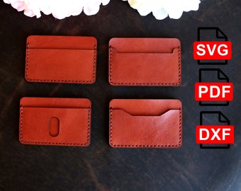 May include: Four brown leather wallet templates, each with a different design. The templates are arranged in a grid pattern on a dark brown surface. The text "SVG", "PDF", and "DXF" is visible in the upper right corner of the image.