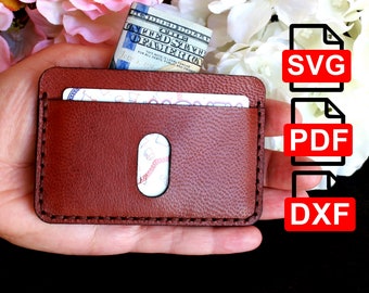 May include: A brown leather wallet with a stitched edge and a single card slot. The wallet is open and a dollar bill is visible inside. The image also includes text for SVG, PDF, and DXF file formats.