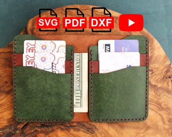 May include: A green leather wallet with two pockets and a brown leather flap. The wallet is on a wooden surface. The wallet is labeled with the text "SVG", "PDF", and "DXF".