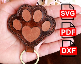 Leather Key Fob Template: Paw Print Keychain Pattern (PDF-SVG-DXF)