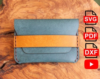 May include: A teal leather wallet with a brown leather strap. The wallet is on a wooden surface. The image includes the text "SVG", "PDF", "DXF", and a play button.