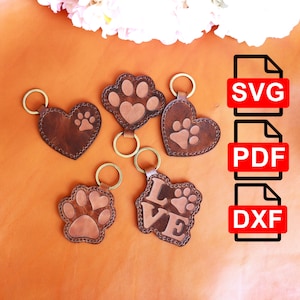 Paw Leather Key Fob Set Digital PDF-SVG-DXF Template,Leather Keychain Set Pattern, Laser Cut Ready, A4 Us Letter pdf