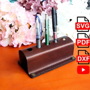 Porte-stylo en cuir pour bureau (prêt à être découpé au laser), modèles PDF, SVG et DXF, porte-crayon pour bureau, rangement de porte-stylo pour bureau, bricolage, bon modèle