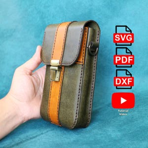 May include: An olive green leather pouch with a vertical tan leather strap and a brass-colored metal clasp. The pouch features visible stitching along the edges and includes digital file icons labeled SVG, PDF, DXF, and a red YouTube tutorial video icon.