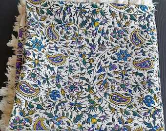 Purple Ghalamkar Tablecloth: Square Hand-Printed Cotton Table cloth Sofreh - 100x100cm