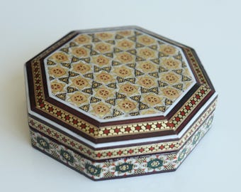 Octagonal Shape Wooden Handmade Jewelry Box | Khatam box art  | Khatamkari Boxes