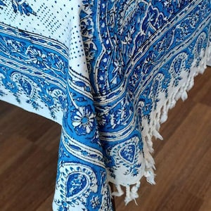 Blue Cotton Tablecloth: Ghalamkar Block Print - 100x150cm image 1