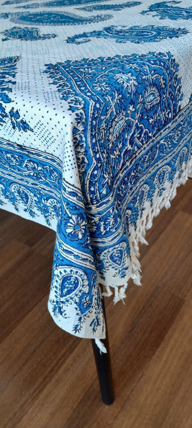 Blue Cotton Tablecloth: Ghalamkar Block Print - 100x150cm image 1