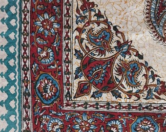 Hand-Printed Cotton Ghalamkar Tablecloth: Red Paisley  Design (100x100cm)
