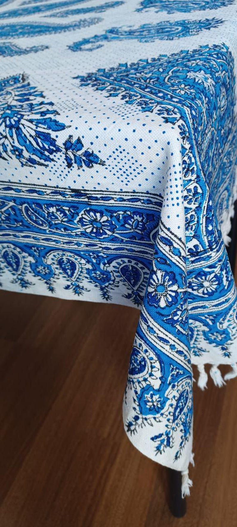 Blue Cotton Tablecloth: Ghalamkar Block Print - 100x150cm image 2