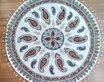 Ghalamkar Tablecloth: 120cm Round Block Print Paisley Design