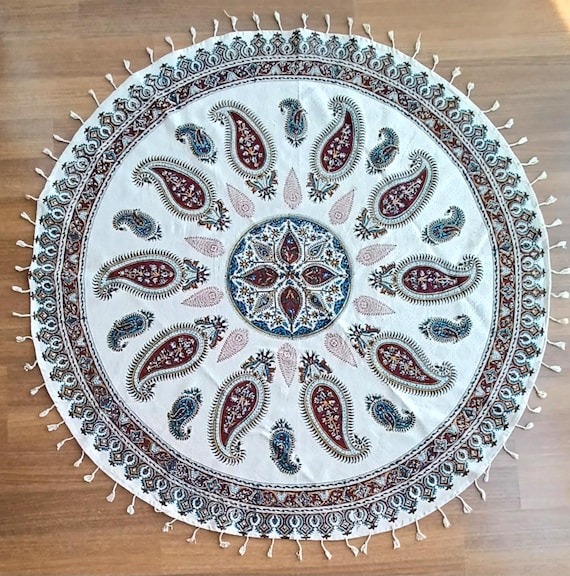 Ghalamkar Tischdecke: 120 cm Rund Block Print Paisley Design