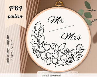 custom embroidery pattern, floral embroidery pattern for newlywed, wedding gift for bride and groom, personalized anniversary gift idea