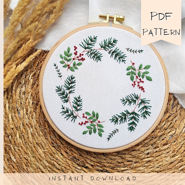 Initial embroidery pattern, personalized embroidery pattern for beginner, winter christmas wreath pattern pdf, delicate design ornament diy