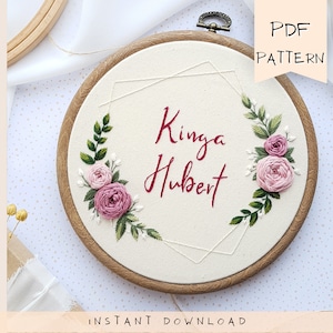 floral embroidery pattern, embroidery hoop design with roses, custom embroidery pattern, wedding anniversary diy gift, moder hoop pattern