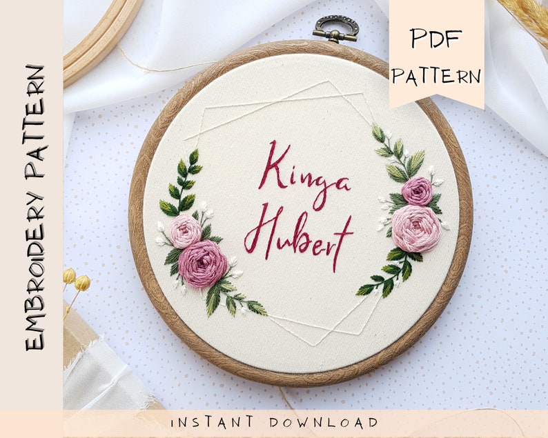 floral embroidery pattern, embroidery hoop design with roses, custom embroidery pattern, wedding anniversary diy gift, moder hoop pattern image 1