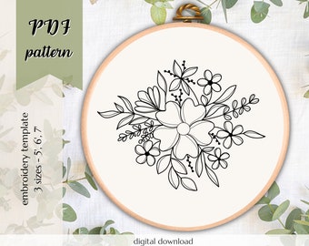 flower embroidery pattern, botanical fiber art for diy gift, delicate floral embroidery template for beginner crafter, summer hoop design