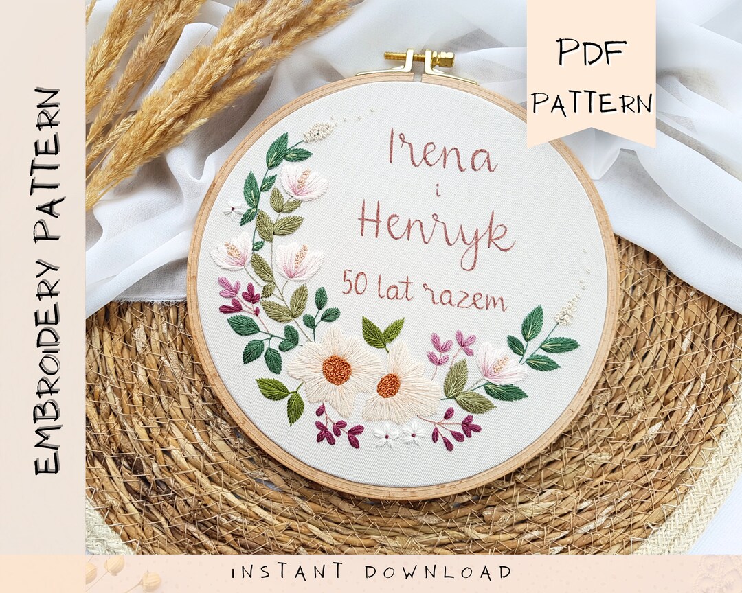 Custom Floral Embroidery Pattern With Names of Newlywed for Gift ...