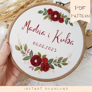 floral embroidery pattern, embroidery hoop design with roses, custom embroidery pattern, wedding anniversary diy gift, moder hoop pattern