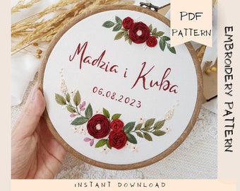 floral embroidery pattern, embroidery hoop design with roses, custom embroidery pattern, wedding anniversary diy gift, moder hoop pattern