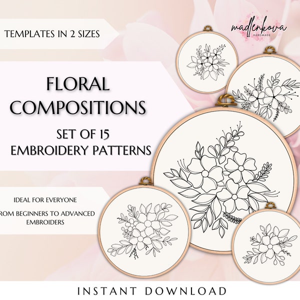 set of 15 floral compositions for hand embroidery, modern embroidery templates for beginners, needle painting design for digital download