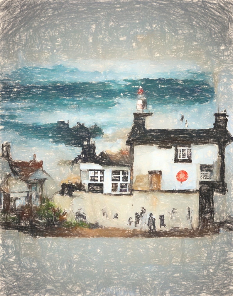 May include: A painting depicting a coastal town with a lighthouse in the distance. The houses are white with black trim and figures are walking along the street.