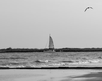 Sailboat in the Ocean Digital Download, Wrightsville Beach Black and White Sailboat Print,