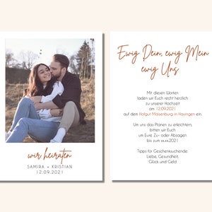May include: A wedding invitation with a photo of a couple sitting on a grassy hill. The text reads "Ewig Dein, ewig Mein, ewig Uns" and "wir heiraten SAMIRA KRISTIAN 12.09.2021".